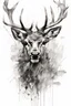 Placeholder: black and white sketch of a stag, ink drawing, woodland, white background, drawing by Carne Griffiths