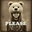 Placeholder: a girl with a teddy bear head instead of her head, long hair, , static, with the word PLEASE, old sepia photo