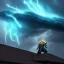 Placeholder: Close up, Rooftop view, Giant Paladin casting a hologram shield spell covering a Home,encroaching storm, ominous color palette, 8k resolution, high-quality, fine-detail, detailed matte, volumetric lighting, illustration, greg rutowski, crystal Sully,