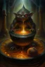 Placeholder: Living cauldron with shining sigil, slightly demonic beaver alien gremlin bat in it, prize winning oil painting