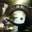 Placeholder: an artist with an easel sits on a chair next to a little stone bridge, he is painting. highly detailed, smooth colours