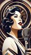 Placeholder: Create a portrait of a jazz singer in the style of Art Deco, with bold geometric patterns and elegant lines. The singer should be holding a vintage microphone, capturing the essence of the Roaring Twenties. 4k resolution.