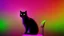 Placeholder: black cat sitting on an office chair, dark room with neon violet lights, realistic