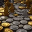 Placeholder: dynamic lighting, Intricately detailed, Splash screen art, deep color, Unreal Engine, volumetric lighting, silver coins, gold coins, silver treasure, stacked coins, indoors, altar, black table, sigil, shiny, crystal, jewelry,