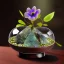 Placeholder: olivine stone, flowers, ancient, magic,on dark wooden table with drinking glass, hairy hand