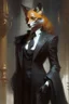 Placeholder: a fox in black suit and court gown in the style of Aleksi Briclot, Charlie Bowater, Dean Cornwell, and Pino Daeni