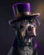 Placeholder: Perro medio humano con traje sombrero elegante detallado cuerpo completo 4k