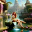 Placeholder: Hyperdetailed oil on canvas, young robyn lively sits by the ornate fountain, goldfish pond, lotus, detailed face, long muti-hued red curly hair; by gaspar camps, maxfield parrish, alphonse mucha, cyril rolando, dan mumford; luminous colorful sparkles, glitter, airbrush, octane render, volumetric lighting, 16k