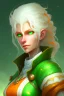 Placeholder: fantasy setting, woman with orange and white hair, green eyes, tall and frail, kind, soft facial traits