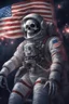 Placeholder: A close up of a skeleton face in an astronaut helmet and suit floating in space. inside the hollow eyes are red shining lights, scary. On his suit is an American flag and in his one hand is a small wavering American hand flag. From the back of his suit is blowing out blue, white and red smoke. Realistic, 8k, highly detailed, funny