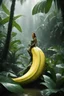 Placeholder: [very impressive high res masterpiece in Kodak Eastman 5247, scene by László Krasznahorkai] the female alien explorer straddles a giant banana in the wet jungle, riding the long fruit with happyness
