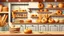 Placeholder: A design for a bakery shop with a kitchen full of fancy breads including baguette, sandwich, toast, bagel, tortilla, white, and whole wheat and wheat ears and sesame seeds in the picture in the Tosi color theme.