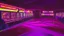 Placeholder: A dark photo of the corners of an 80's aesthetics arcade at night, with a lot of functioning arcade machines, a vaporwave floor and some colorful tiles in between the floor. Purple aesthetics.