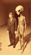 Placeholder: An old picture style of white and brown and very bad quality old camera with cracks of JFK standing with an Alien who is wearing a suit, the year 1900