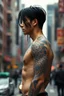 Placeholder: tattooed korean man, nice profile, attraktive handsome, medium long black hair, hot body, his body with geometric tattoos, deep dark colors, blur random city background, highly detailed, modern vibe, photorealism