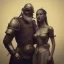 Placeholder: a cute smiling girl with her husband in medieval armor with a tattoo in her face, michelangelo style, steam punk, scary, horror, realistic, made in octane, cinematic, ultra-realistic, extremely detailed octane rendering, 8K, VRAY Super Real ar 2:3, dof photorealistic futuristic 50mm lens hard lighting dark gray tintype photograph, realistic lighting, sephia colors