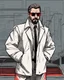 Placeholder: a young man with big muscles who looks like hans gruber wearing a heavy coat and red sunglasses staring with an irritated look on his face