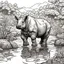 Placeholder: create a coloring book page of An Indian rhinoceros wading in a river , high contrast, easy to color, black and white, vector,