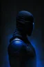 Placeholder: Background is dark blue, almost black. There is a head and torso silhouette looming in the picture, completely masked by a black kevlar suit.