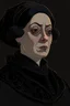 Placeholder: A portrait of a 40-years old aristocrat woman from XV century in strict dark clothes, authoritative, cold, emotionless, in the style of Genndy Tartakovsky's cartoons, uncovered head