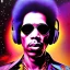 Placeholder: a realistic picture of Jimi Hendrix at a turntable with headphones on being a DJ, vivid color, with sunglasses, psychedelic trippy art, with UFOs in the background