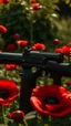 Placeholder: black gun with red kiss on it in a garden full of red poppies. cinematic