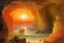 Placeholder: A light rosy orange colored cavern near the sea designed in Moroccan rug art painted by John Atkinson Grimshaw