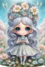 Placeholder: cute happy fairy girl with rounded blue eyes, big long silver hair, and with tiny black fluffy kitty sitting in her five fingers hands, chibi 3d anime character, detailed, fantasy style, nice picture in the big meadow with pale colors flowers