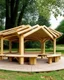 Placeholder: unique wooden pavillion with benches for park