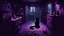 Placeholder: dark place, cozy place, technological,small black cat in the distance, body horror, creepy, fantasy, hook, violet, meat