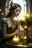 Placeholder: digital painting, unreal engine, blender art by artgerm, Greg Rutkowski and Alphonse mucha, a BLACK rose lies on the table, a golden butterfly on a candle, sadi sees a mirror with a spider web, white radiance, symmetry, super detail, hyper realistic, festive dream