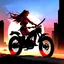 Placeholder: In a post-apocalyptic desert city at twilight, Asian cyborg female samurai warrior with hair flowing free, without a helmet, katanas strapped to her back, is riding a road warrior style chopper