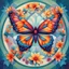 Placeholder: The image represents "big butterfly and very big flowers, in a circle", which is depicted as an abstract image with geometric shapes, such as squares and triangles, arranged in a harmonious image. The colors should be bright and vibrant using blue-green, red-orange, yellow and purple. The background should be neutral to bring out the colors. The overall impression is very minimalistic, modern and artistic.