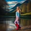 Placeholder: country side ,blue sky , mountains, pretty clouds ,small river with clear water and nice sands in floor,beautiful 18 year old girl with ash blonde hair and blue eyes with her curvy hair down, wearing a long-sleeved woollen top, and lilac long leggings, with long red boots full body standing pose shot