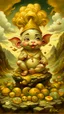 Placeholder: adorable baby Ganesha with big eyes in the pose of success, money piled up into a mountain, money flying around, oil painting