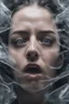 Placeholder: A realistic , 8k high quality image of a person's face from above, face is covered with a plastic, can't breath, suffocating with the face showing like vacuumed under the plastic, eyes open and looking in fear, metaphorically depicting the suffocating grip of anxiety, gothic and dramatic, chaos80 , with debree flying around, abstract