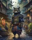 Placeholder: highly detailed concept illustration of an alternate reality ancient China samurai racoon wanderer in a street, maximalist, highest resolution, Masahiro Ito, boldly inked, 8k, coarse, gritty textures