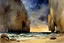 Placeholder: Night, rocks, cliffs, sci-fi, distant mountains, sea, waves, sand, seashore, epic, fantasy, john singer sargent watercolor paintings