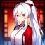 Placeholder: Clear focus, 8k, beautiful lighting, vibrant colors, girl, white hair, long hair, vibrant red eyes, ponytail, same twins, white hair, red eyes, same clothes, miko, hair in between the eyes,