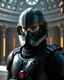 Placeholder: star wars bald male corellian pilot wearing pearlescent black and gunmetal grey First Order special forces heavy assault armor and helmet with gold and metallic red trim and visor inside the jedi temple, centered portrait, hyperdetailed, dynamic lighting, hyperdetailed background, 8k resolution, volumetric lighting, light skin, fully symmetric details