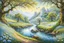 Placeholder: In the style of Josephine Wall, Spring, magical forest with huge old oak trees, a river running from back to front, grassy river banks with pale blue and white wildflowers, butterflies and birds, clear sunny day, detailed, professional art