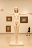 Placeholder: a tall slender woman is standing in front of a large white picture frame displayed on the wall of an art gallery. The frame is traditional in style but looks like and has the texture of white clay. Her arms are outstretched like da vinci’s vetruvian man, and the length of her arms and body corresponds to the width of the picture frame. Her feet are perched on a surreal small shadow rock and it looks like she is floating above calm water. The picture is without canvas but an abstract landscape em