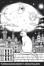 Placeholder: create a coloring page that Illustrate a magical scene of a cat perched on a rooftop under the moonlight, with a cityscape in the background.