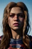 Placeholder: portrait, young Shakira, make-up, angry, Realistic image, superhero, retro style, 70s, supergirl, blood, sweat, fog, goddess. Color background, photo studio, concept art, smooth, unreal engine 5, god lights, ray tracing, RTX, lumen lighting, ultra detail, volumetric lighting, 3d, finely drawn, high definition, 4k.