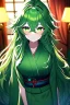 Placeholder: girl, masterpiece, best quality, cinematic lighting, detailed outfit, vibrant colors, perfect eyes, green eyes, long hair, green hair, messy hair, hair between eyes, indoors, depth of field, ray tracing, kimono,