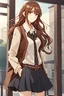 Placeholder: attractive anime woman with brown long hair, modern clothes, full body in frame