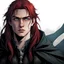 Placeholder: a young 19 years old half-vampire. handsome. dressed in medieval dark clothes and gray mantle. long red hair. light blue eyes. defiant look