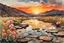 Placeholder: Amazing Sunset, flowers, puddle, rocky land, mountains, epic, winslow homer watercolor paintings