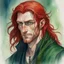 Placeholder: dnd, fantasy, watercolour, large strokes, stylistic, portrait, illustration, dull colours, male, face, narrow long face, weathered face, green eyes, determined, smiling, red hair, very long hair streaming down the shoulders, lush hair, radiating light, five o'clock shadow, elegant, short small mouth