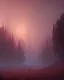 Placeholder: Landscape at night trees in the mist in the background, birds in the sky, red mars, forest